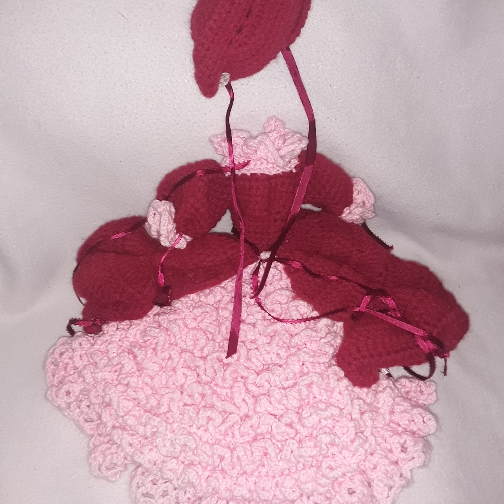Handcrafted Crocheted Doll Evening Gown Red Pink Ruffled